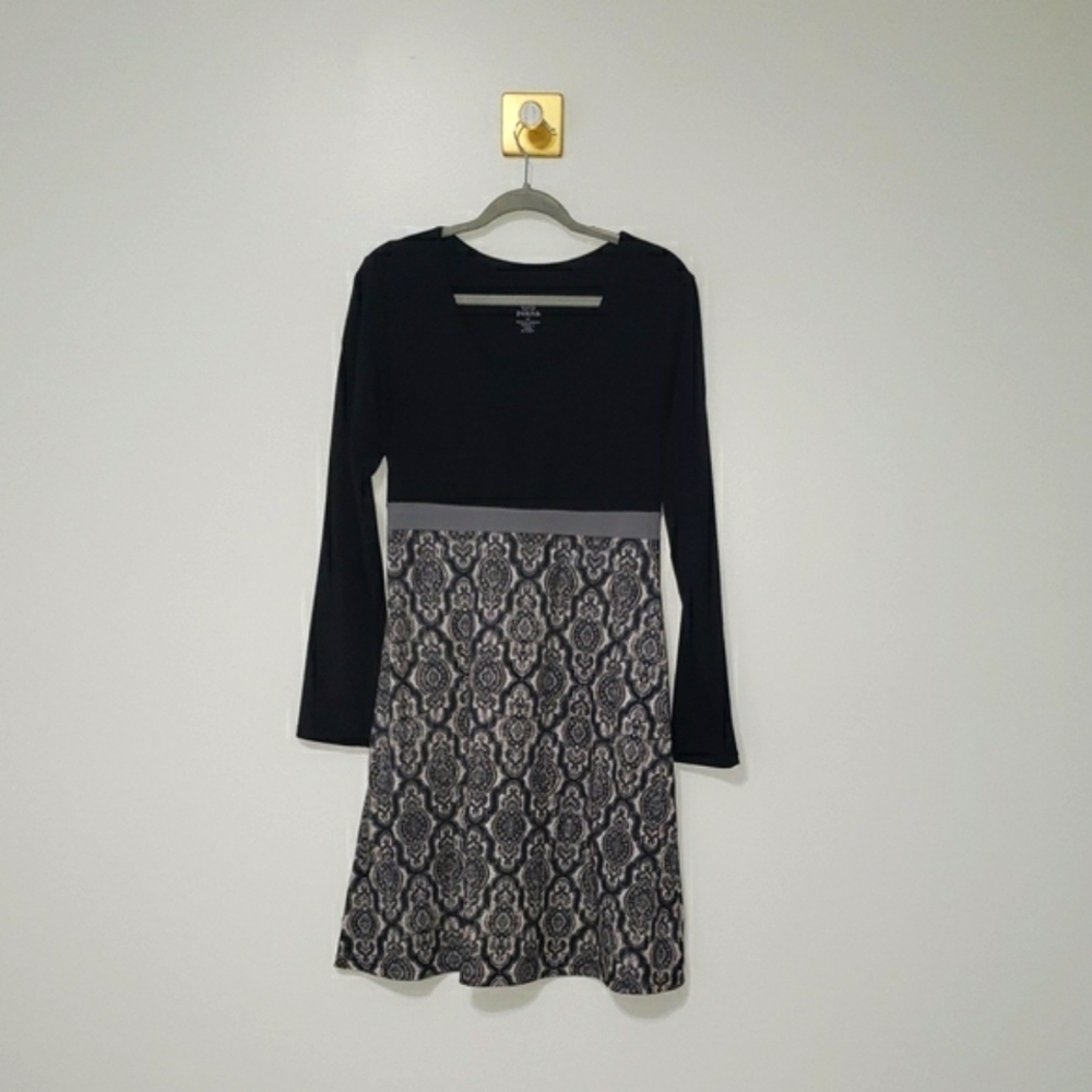Prana Women Dress Medium Black Gray A-Line Long Sleeve Dress Athleisure Casual